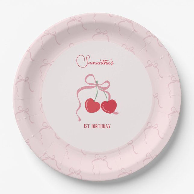 Assiettes En Carton Cerise sur le dessus Pink Bow Anniversaire (Devant)