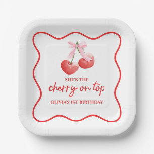 Assiettes En Carton Cerise sur le dessus ruban rose prépa anniversaire