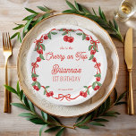 Assiettes En Carton Cerise sur le haut ruban lunique d'anniversaire mo<br><div class="desc">Cerise sur le haut ruban fantaisie fête d'anniversaire monogrammed plaques en papier modèle,  cerises mignonnes avec un ruban rouge bordure fête d'anniversaire plaques personnalisées,  cerise fête d'anniversaire personnalisées décoration de table d'été fêtes de fruits plaques de papier cerise frontière anniversaire fournitures</div>
