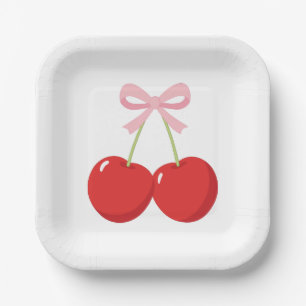 Assiettes En Carton Cerises avec Nœud Rose Coquette Fête d'Anniversair
