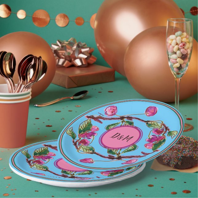 Assiettes En Carton Cerises Fruit rose sur Turquoise avec Pap Initiale (Multi)