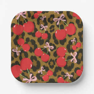 Assiettes En Carton Cerises Rouges avec Nœud Rose Imprimé Léopard Coqu