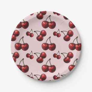 Assiettes En Carton Cerises Rouges Brillantes Fête Rétro Rose
