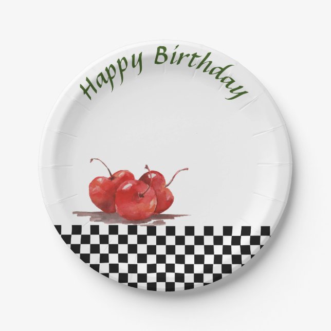 Assiettes En Carton Cerises rouges brillantes sur une nappe à carreaux (Devant)