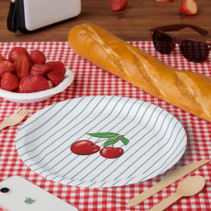 Assiettes En Carton Cerises rouges sur Bleu Motif graphique