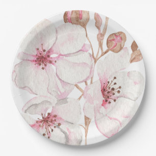 Assiettes En Carton Cerisier à fleurs illustré à la main