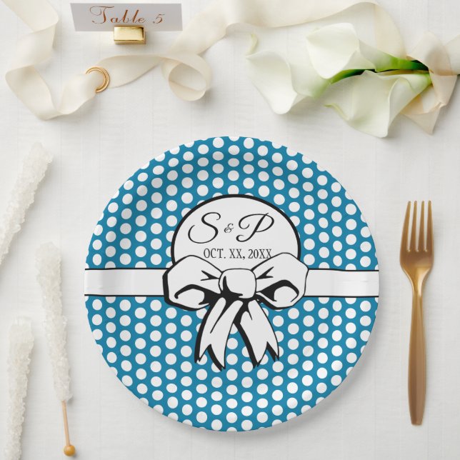 Assiettes En Carton Cerulean bleu Polka point blanc Bow personnalisé (Mariage)