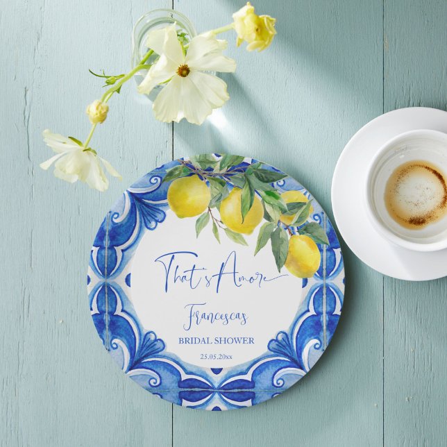 Assiettes En Carton C'est amore Bleu citron italien douche nuptiale (That's amore vintage Italian blue tiles lemons bridal shower printed Paper Plates personalized decor)