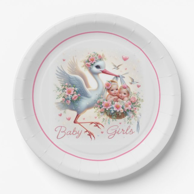 Assiettes En Carton C'est Twin Girl's with Stork, Baby Girls et Flower (Devant)