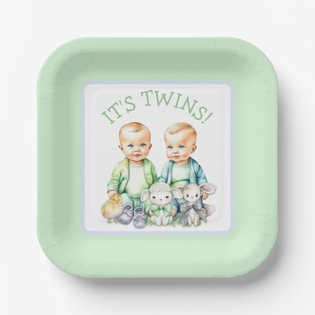 Assiettes En Carton C'est Twins ! Baby shower jumeaux garçon mignon (Recto)