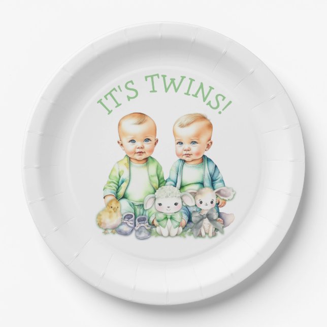 Assiettes En Carton C'est Twins ! Baby shower jumeaux garçon mignon (Devant)