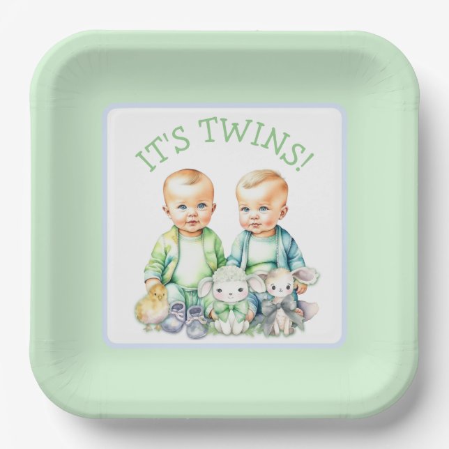 Assiettes En Carton C'est Twins ! Baby shower jumeaux garçon mignon (Recto)