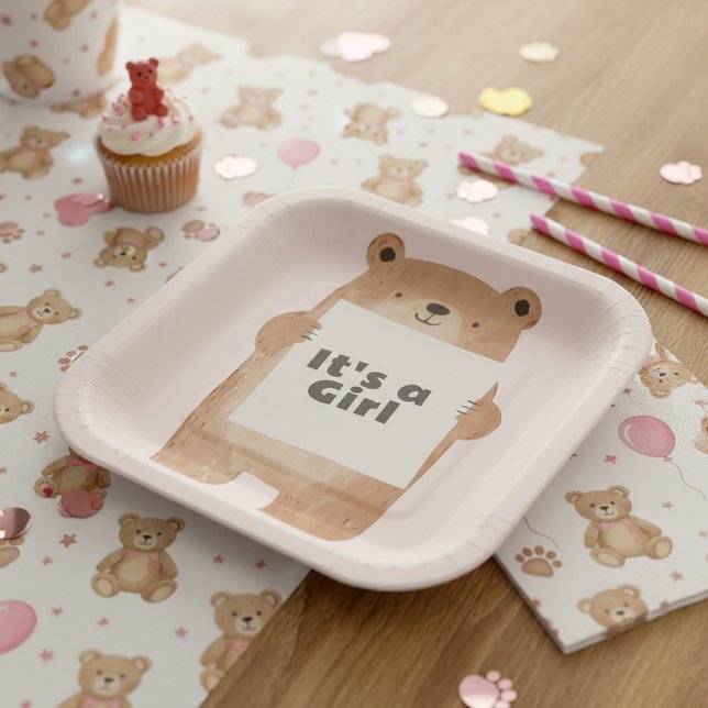 Assiettes En Carton C'est un Baby shower de fille d'ours rose (It’s a Girl Bear Baby Shower pink Paper Plates)