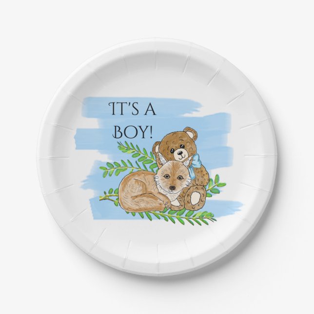 Assiettes En Carton C'est un Boy, Fox et Teddy Bear Baby shower Papier (Devant)
