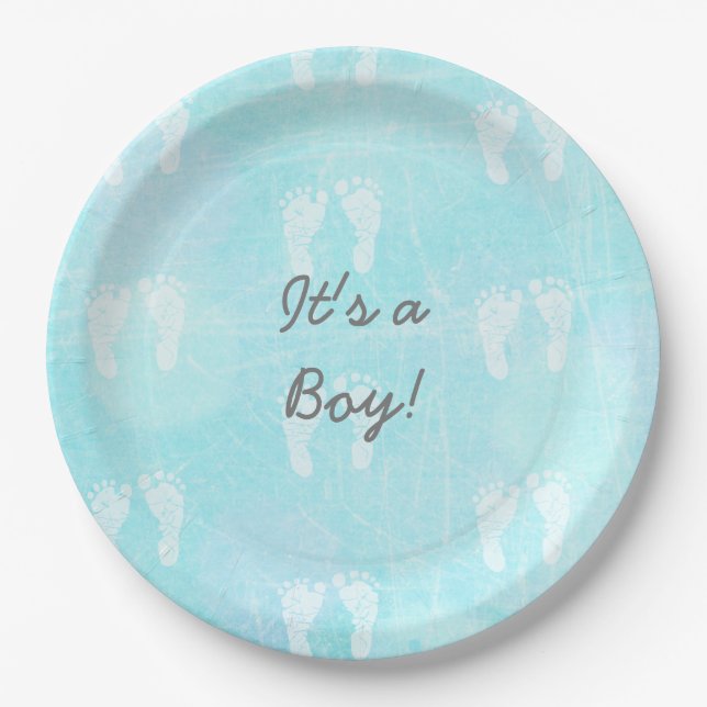 Assiettes En Carton C'est un Garçon, Baby Footprints Baby shower bleu (Devant)