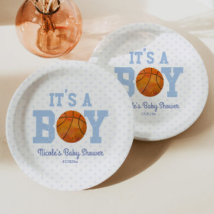 Assiettes En Carton C'est un garçon ! Baby shower Blue Basketball