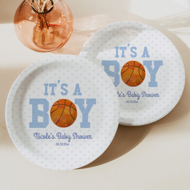 Assiettes En Carton C'est un garçon ! Baby shower Blue Basketball (Créateur téléchargé)