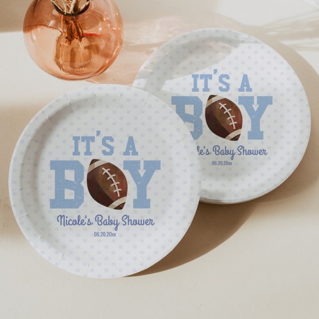 Assiettes En Carton C'est un garçon ! Baby shower de football bleu (Créateur téléchargé)