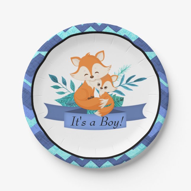 Assiettes En Carton C'est un garçon Baby shower Fox Blue Papier Plaque (Devant)