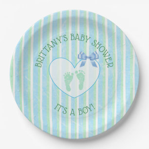 Assiettes En Carton C'est un garçon, Baby shower rayé bleu et vert