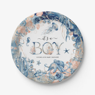 Assiettes En Carton C'est un garçon ! Baby shower sous-marin aquarelle