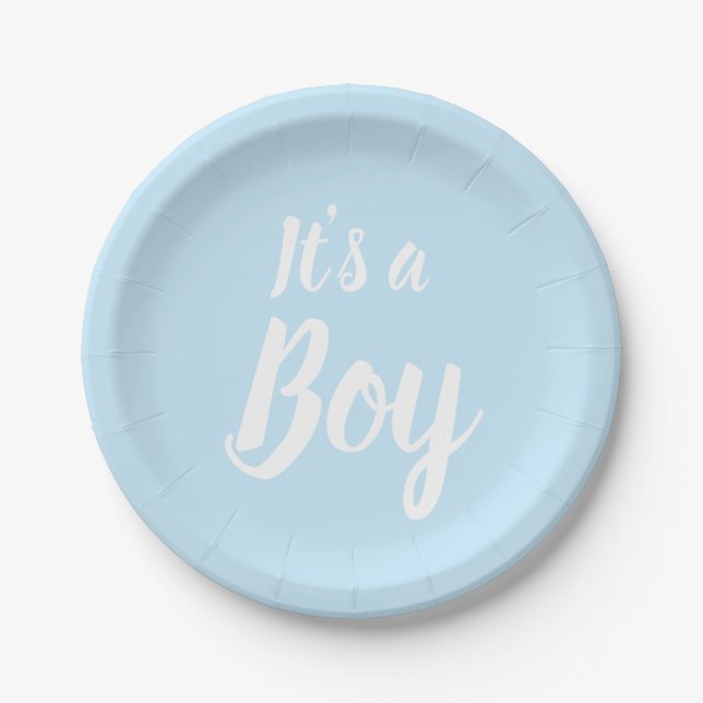 Assiettes En Carton C'est un garçon, bleu clair baby shower genre révé (Devant)