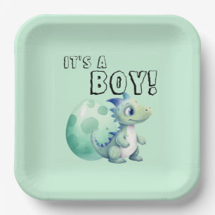 Assiettes En Carton C'est un garçon ! Dinosaure mignon avec son œuf Ba