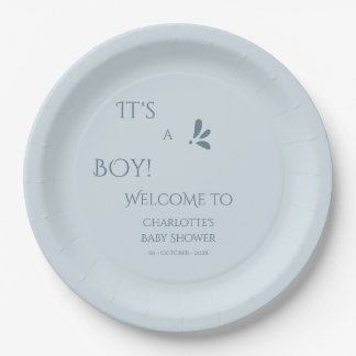 Assiettes En Carton C'est un garçon ! Minimalisme Baby Shower Bleu Pas