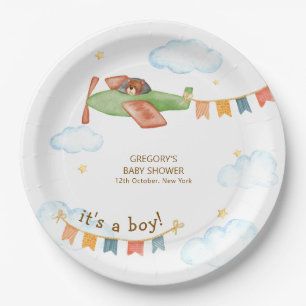 Assiettes En Carton C'est un garçon Ours Avion Ciel Baby Shower