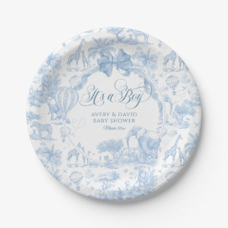 Assiettes En Carton C'est un Garçon Toile Bleu Safari Baby shower anim