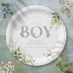 Assiettes En Carton C'est un garçon vert Dusty Baby shower lettre bleu<br><div class="desc">C'est une plaque en papier baby shower garçon avec une élégante typographie bleue poussiéreuse et un joli feuillage botanique. Conçu par Thisisnotme©</div>