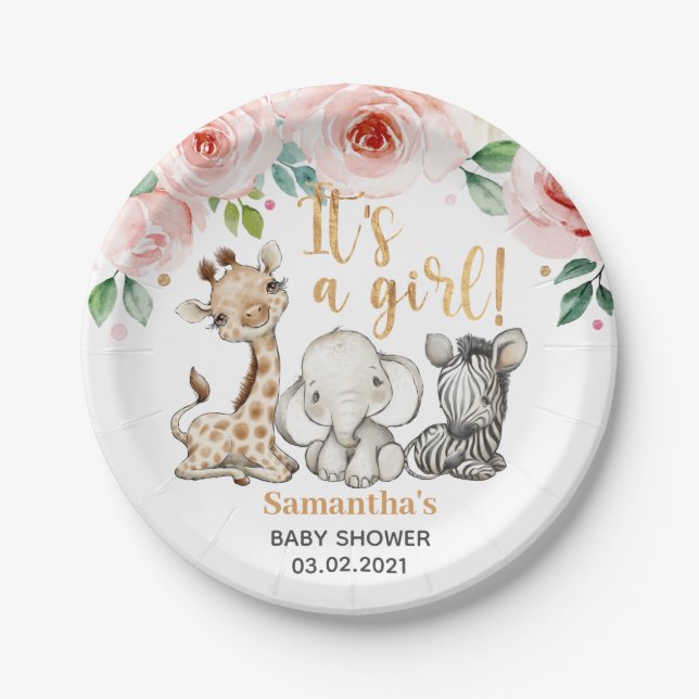 Assiettes En Carton C'est une fille ! Baby shower Safari Animaux (Devant)