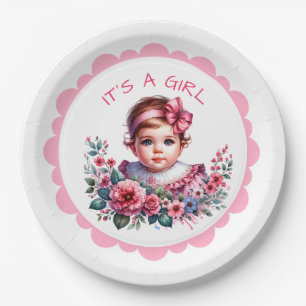 Assiettes En Carton C'est une fille Baby shower Vintage rose