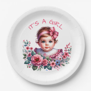 Assiettes En Carton C'est une fille Baby shower Vintage rose