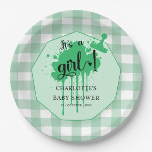 Assiettes En Carton C'est une fille Douce Baby Shower Gingham Vert Pas