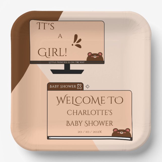 Assiettes En Carton C'est une fille ! Ours mignon Écran d'ordinateur B (Recto)