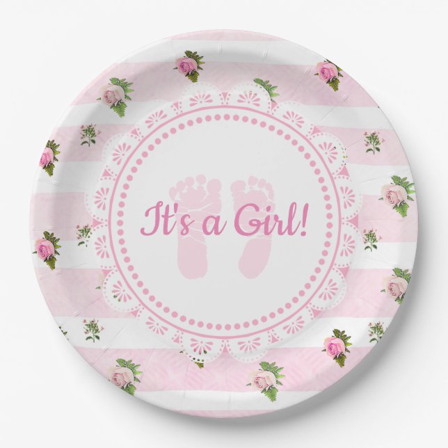 Assiettes En Carton C'est une Fille Rose & Blanc Baby shower Lacey Pla (Devant)