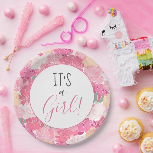 Assiettes En Carton C'est une fille rose florale modèle bébé saupoudre (Fête)