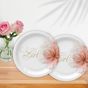 Assiettes En Carton C'est une fille rose or Baby shower Floral moderne