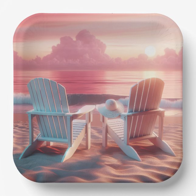 Assiettes En Carton Chaises Adirondack En Coucher De Soleil Rose (Recto)