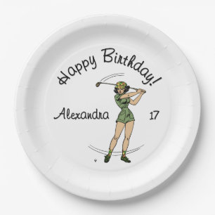 Assiettes En Carton Chaleureuse Lady Golfer Joyeux Anniversaire Nom Âg