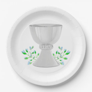 Assiettes En Carton Chalice et Bleu Bleu Verdure Première communion