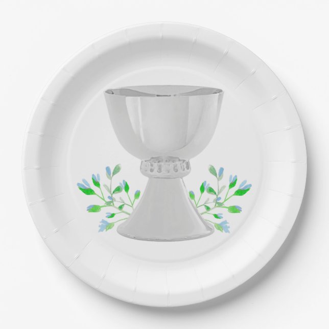 Assiettes En Carton Chalice et Bleu Bleu Verdure Première communion (Devant)