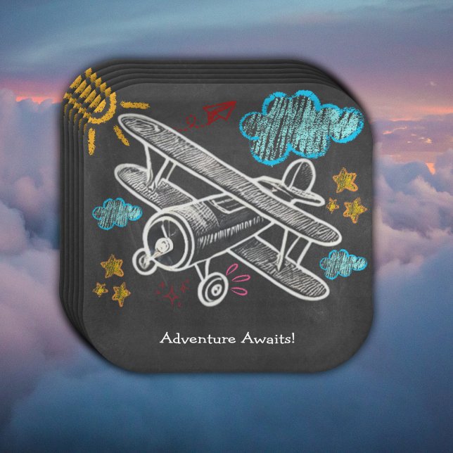 Assiettes En Carton Chalkboard Adventure Attend le Baby shower d'avion (Créateur téléchargé)