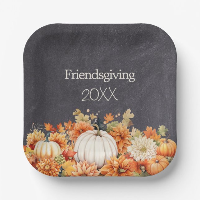 Assiettes En Carton Chalkboard Automne Citrouille Floral Friendsgiving (Recto)