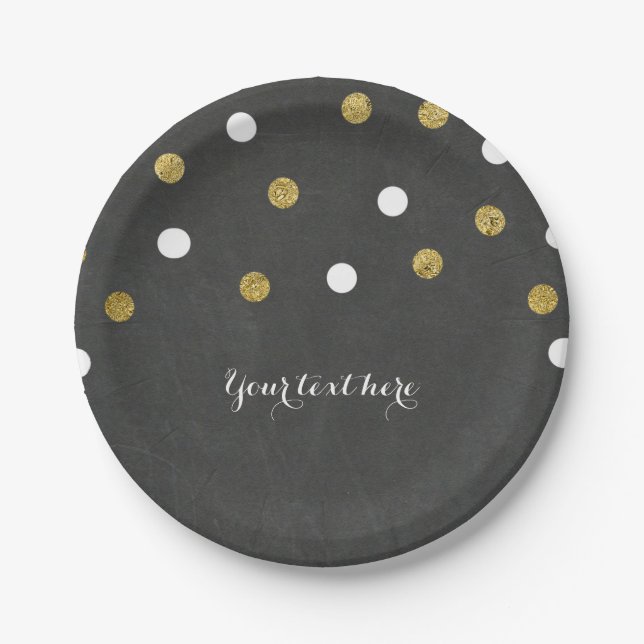 Assiettes En Carton Chalkboard Gold & White Confetti Celebration Party (Devant)