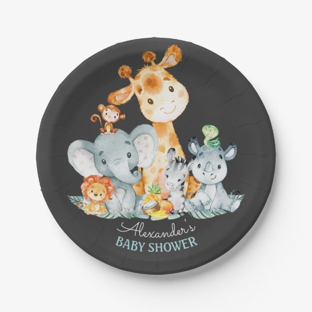 Assiettes En Carton Chalkboard Watercol Cute Safari Jungle Baby shower (Devant)