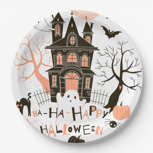 Assiettes En Carton Chambre hantée par Halloween heureuse (Devant)