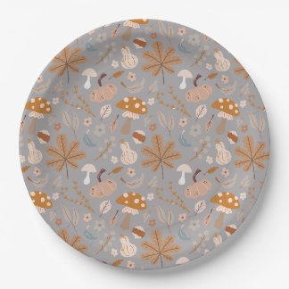 Assiettes En Carton Champ Citrouille d'automne avec feuilles et champi