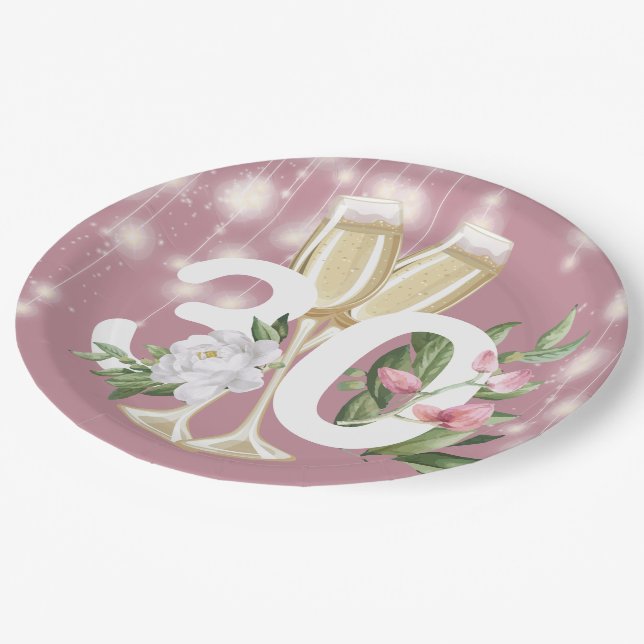 Assiettes En Carton Champagne de luxe Floral 30e anniversaire (Angle)